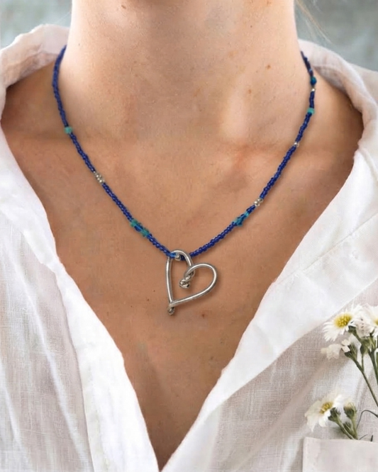Collar Beads Azules + Dije Wild Heart Plata